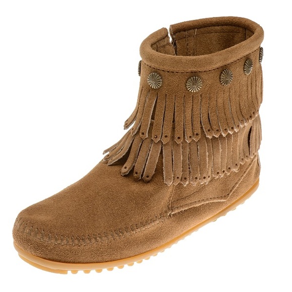 Minnetonka Moccasins Double Fringe Side Zip Taupe Suede Boots Size 8.5 - Picture 3 of 12